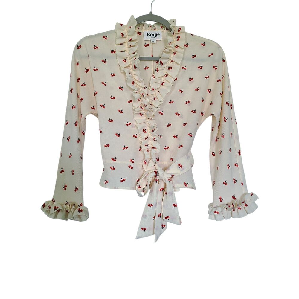 Rouje Paris Frou Frou Cherry Print Wrap Blouse Crepe Ruffle Top Cream Sz 34 US 2